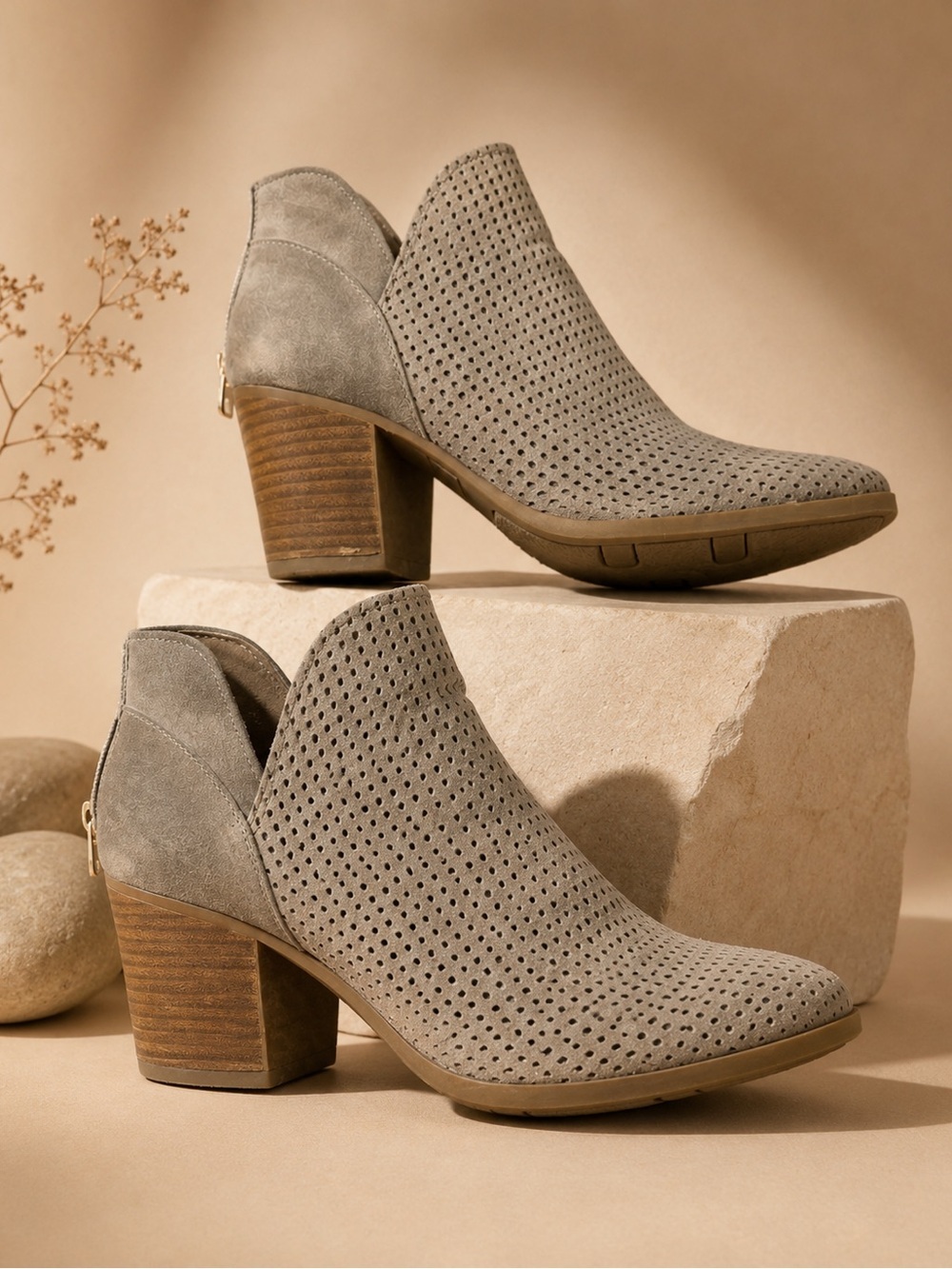 Fergalicious by Fergie Taupe Perforated Suede Ankle Booties Size 9